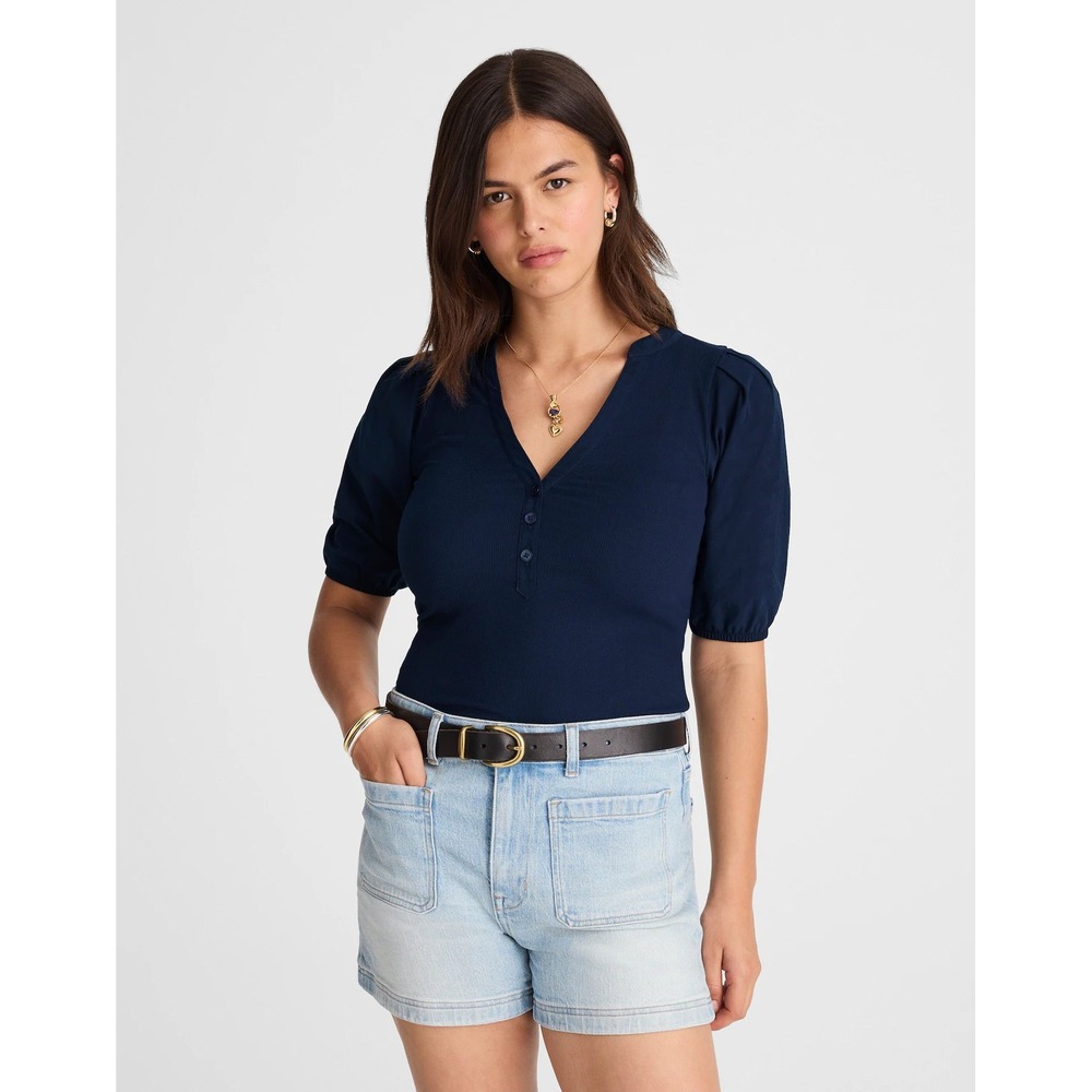 Madewell Puff-Sleeve Henley Knit Top Ribbed Tee‎ Midnight Navy Blue Extra Large